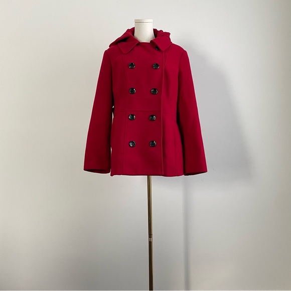 Style & Co Red Double Breasted Peacoat with Removable Hood - Picture 9 of 14